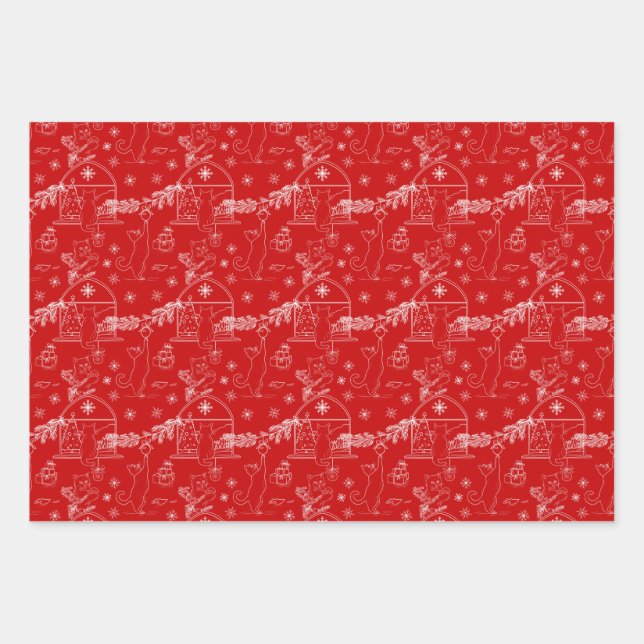 Red green & white Christmas winter cats Wrapping Paper Sheet (Front)