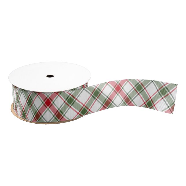 Red Green White Diagonal Plaid 1.5 Inch  Grosgrain Ribbon (Spool)