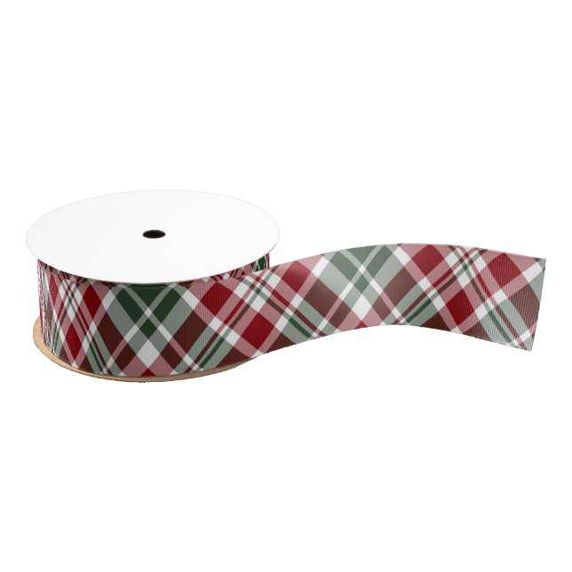 Red Green White Diagonal Plaid 1.5 Inch Grosgrain Ribbon (Spool)