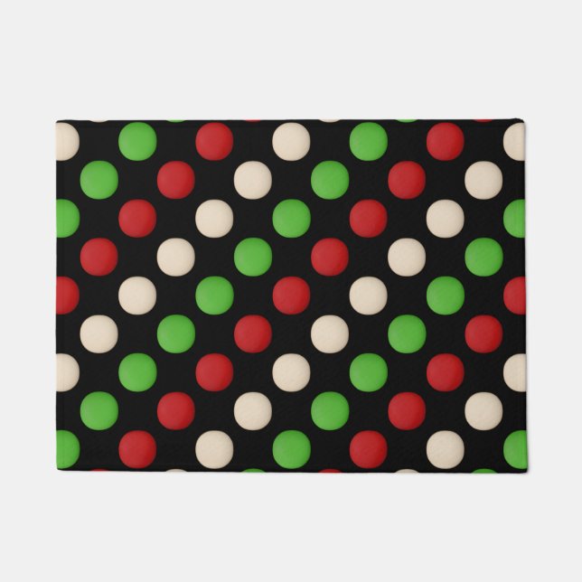 Red Green White Dots on Black Doormat (Front)