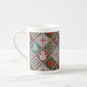 Red Green White Faux Knit Christmas Pattern Bone China Mug