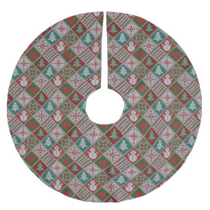 Red Green White Faux Knit Christmas Pattern Brushed Polyester Tree Skirt