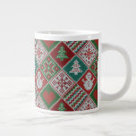 Red Green White Faux Knit Christmas Pattern Large Coffee Mug<br><div class="desc">Red,  green,  white and teal faux knitted Christmas rhombuses pattern with Christmas trees,  snowflakes,  hearts,  snowmen and zigzag chevron ornament.</div>