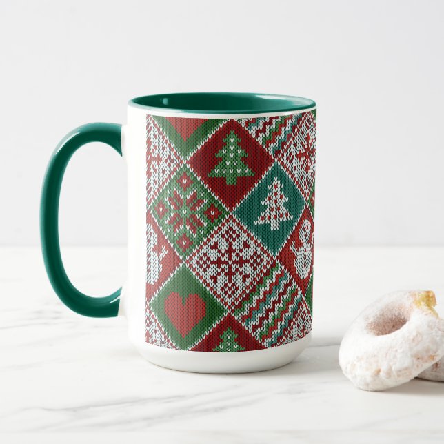 Red Green White Faux Knit Christmas Pattern Mug (With Donut)