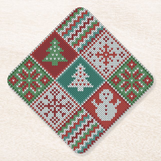 Red Green White Faux Knit Christmas Pattern Paper Coaster (Front)