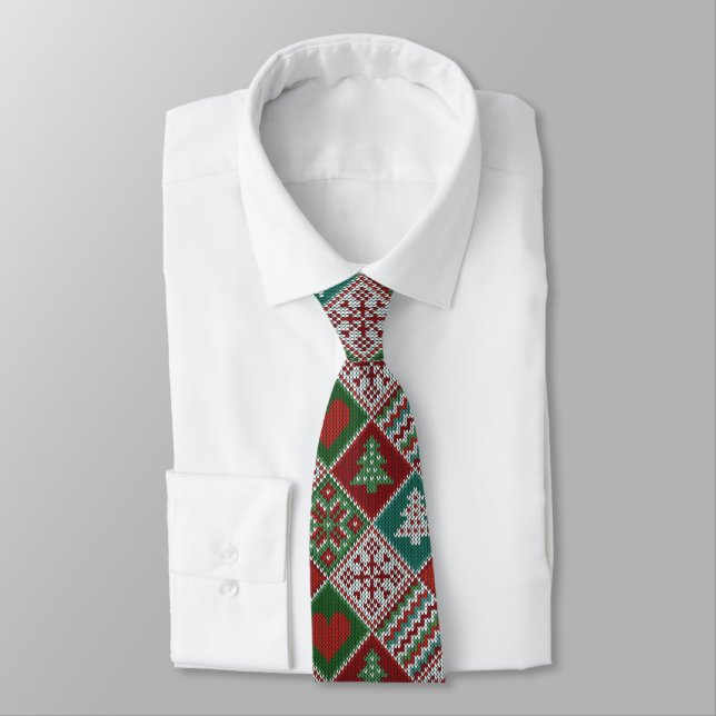 Red Green White Faux Knit Christmas Pattern Tie (Tied)