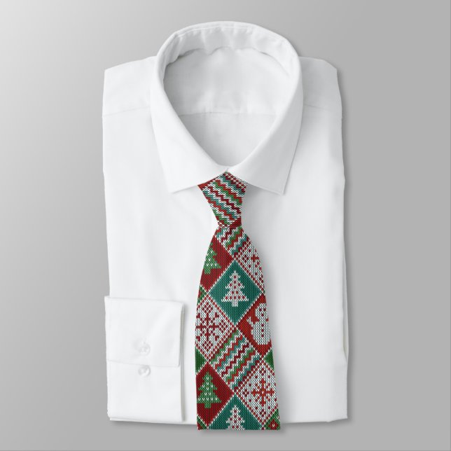 Red Green White Faux Knit Christmas Pattern  Tie (Tied)