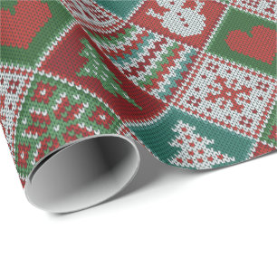 Red Green White Faux Knit Christmas Pattern Wrapping Paper