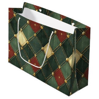 RED GREEN WHITE GOLD HOLIDAY DIAMOND PATTERN LARGE GIFT BAG