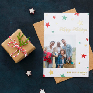 Red Green White Gold Stars Photo Happy Holidays Foil Holiday Card