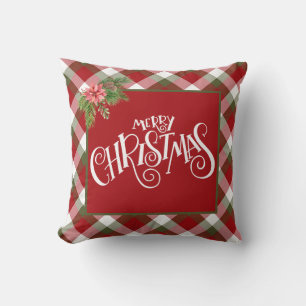 Red Green White Holiday Plaid - Merry Christmas  Cushion