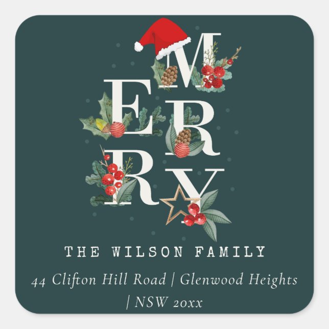 Red Green White Merry Christmas Foliage Address Square Sticker (Front)