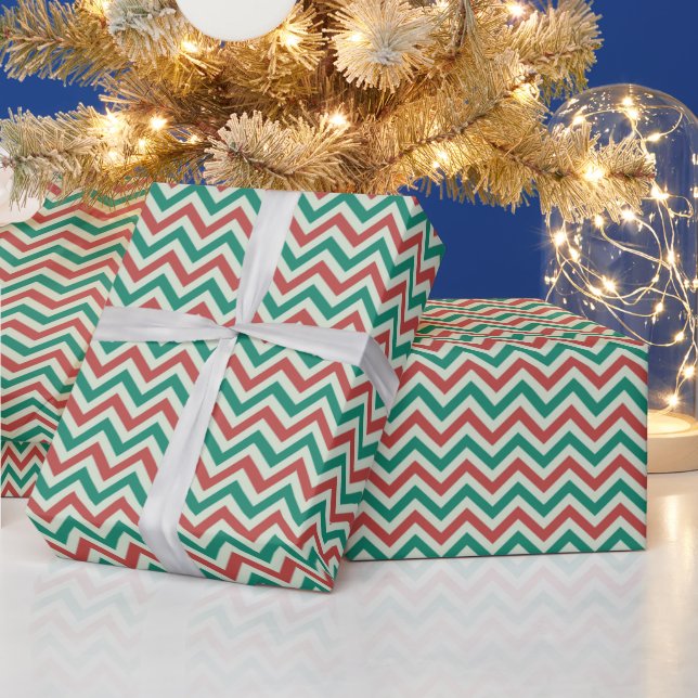 Red Green White Modern Zig Zag Christmas Wrapping Paper (Holidays)
