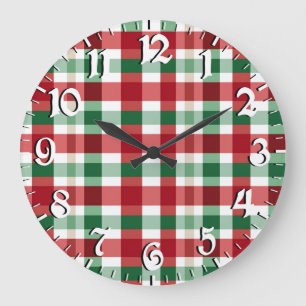 Red Green White Plaid Cheerful Rustic Homestyle Large Clock
