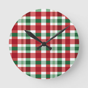 Red Green White Plaid Cheerful Rustic Homestyle Round Clock