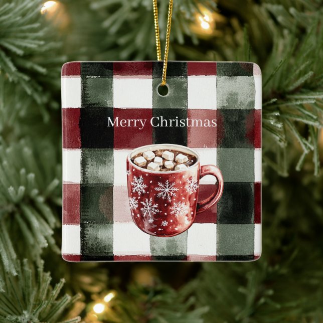 Red Green White Plaid Snowflakes Cocoa Christmas Ceramic Ornament (Tree)