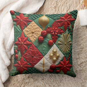 RED GREEN WHITE QUILTED LOOK CHRISTMAS BALLS CUSHION