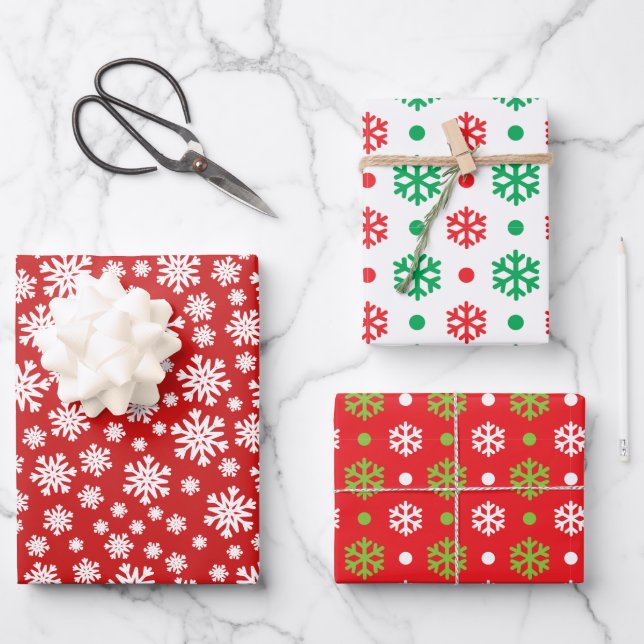 Red Green White Snowflake Holiday Christmas Trendy Wrapping Paper Sheet (Front)