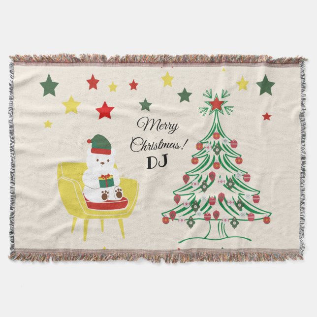 Red Green White Star Bear Monogram Merry Christmas Throw Blanket (Front)