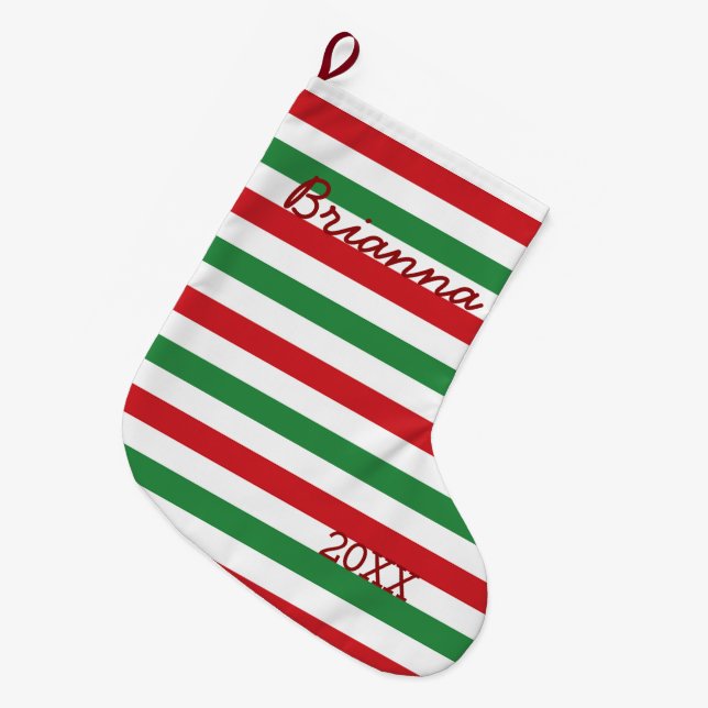 Red, green, white striped Christmas Stocking (Front (Hanging))
