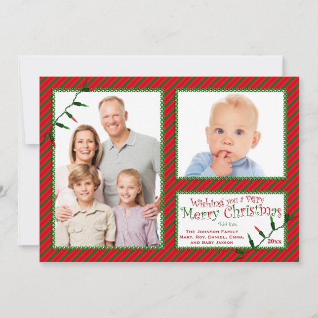 Red, Green, White Stripes, Lights Christmas Card (Front)