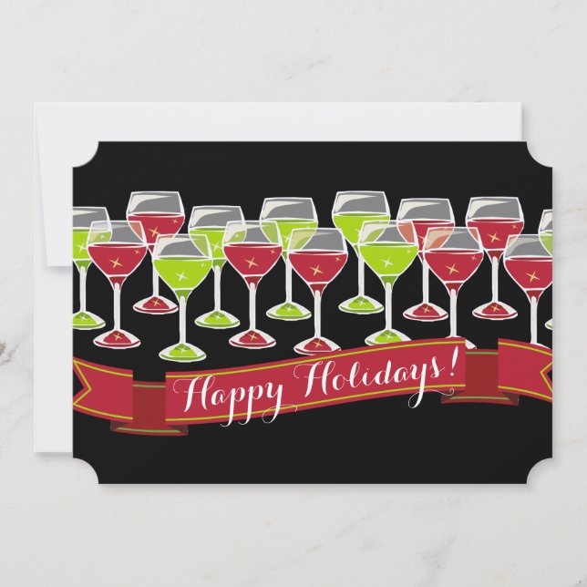 Red green wine glasses Christmas holiday card (Front)