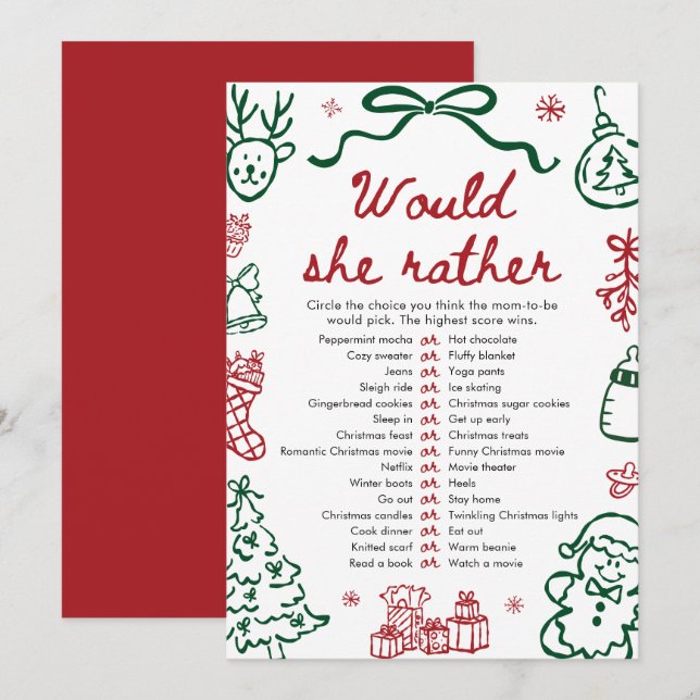 Red Green Winter Christmas Would She Rather Game Invitation (Front/Back)