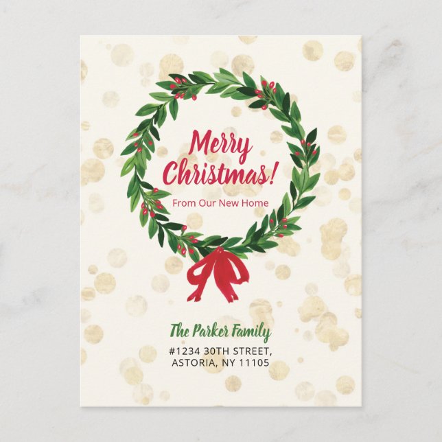 Red & Green Wreath Christmas Moving Announcement Postcard (Front)
