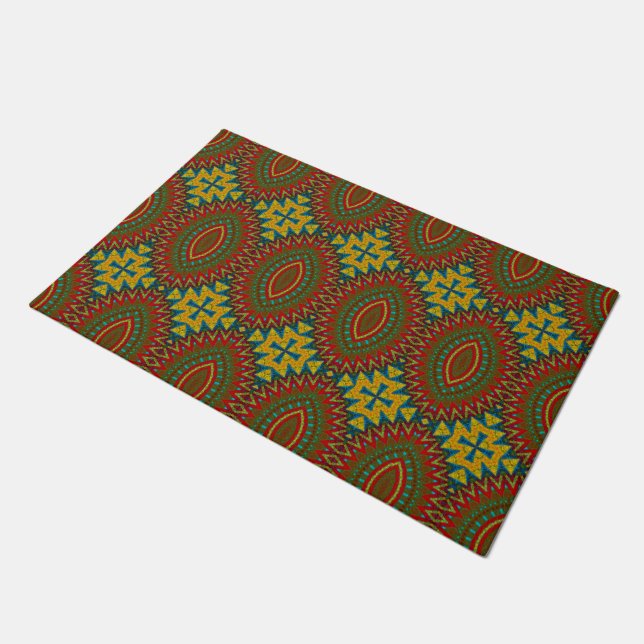 Red Green & Yellow Custom Size Tribal Pet Bowl Mat (Angled)