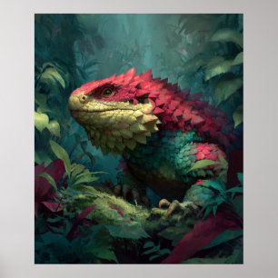 Red green yellow lizard dragon in jungle foliage poster