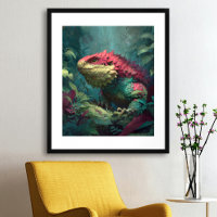 Red green yellow lizard dragon in jungle foliage