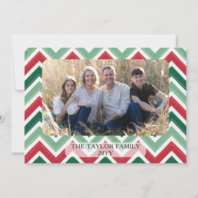 Red Green Zig Zag Chevron Family Photo Christmas Holiday Card (Front)