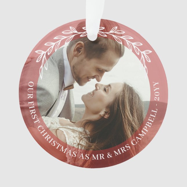 Red Greenery 1st Christmas Mr Mrs Wedding Photo Ornament (Front)