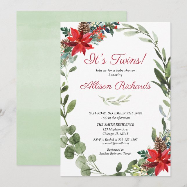 Red greenery Christmas floral Twins baby shower Invitation (Front/Back)