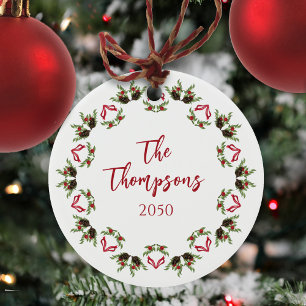 Red Greenery Christmas Photo Ceramic Ornament