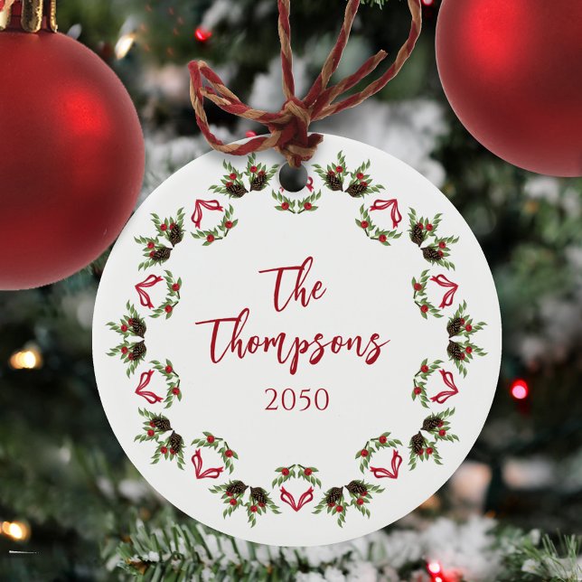 Red Greenery Christmas Photo Ceramic Ornament (Christmas greenery, pine cones, and holly berries mandala custom ceramic ornament. )