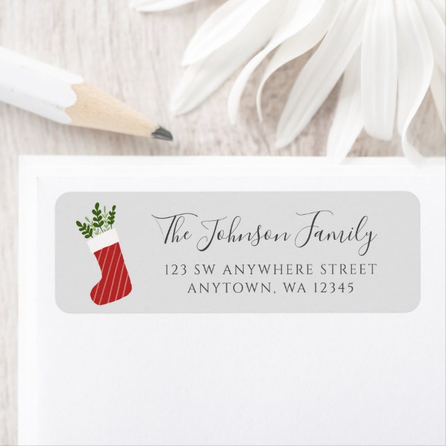 Red Greenery Christmas Stocking Grey Return Address Label (Insitu)