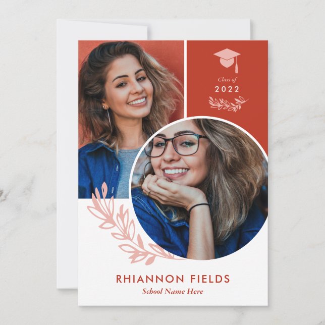Red Greenery Overlapping Photos Graduate Invitation (Front)