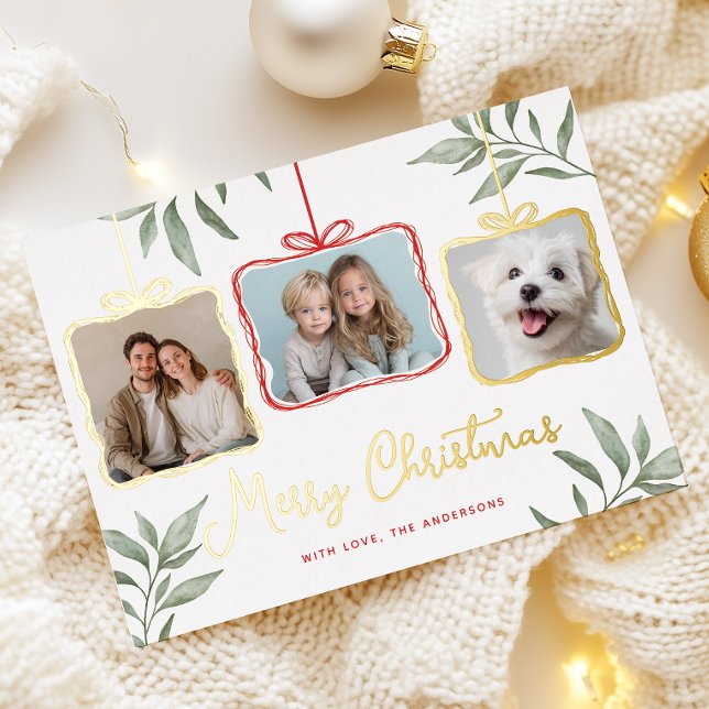 Red & Greenery Photo Gold Foil Holiday Card (Creator Uploaded)