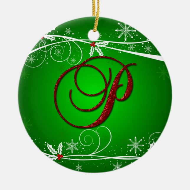 Red Greens Holly Initial P Christmas Ornament (Front)