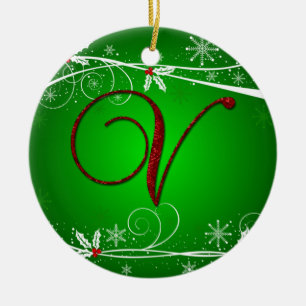 Red Greens Holly Initial V Christmas Ornament
