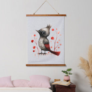 Red Grey and Black Abstract Mad Bird Hanging Tapestry