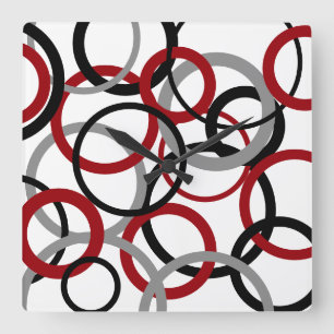 Red, Grey and Black Circles  Square Wall Clock