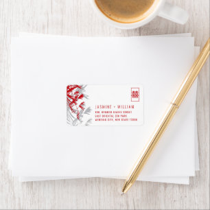 Red & Grey Bamboo Leaves Chinese Wedding Address Label