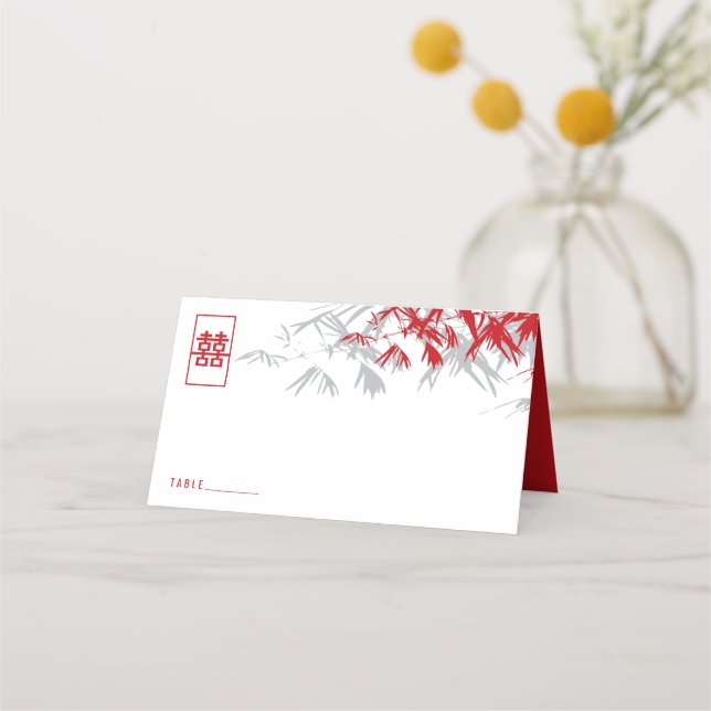 Red & Grey Bamboo Leaves Double Xi Chinese Wedding Place Card (Front)
