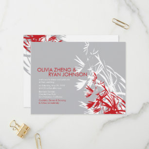 Red & Grey Bamboo Leaves Modern Zen Asian Wedding Invitation Postcard