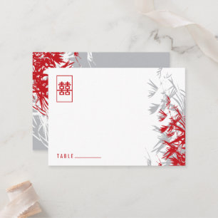 Red & Grey Bamboo Leaves Modern Zen Asian Wedding Place Card