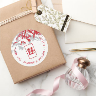 Red & Grey Bamboo Leaves Shuang Xi Chinese Wedding Classic Round Sticker