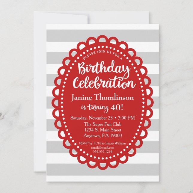 Red Grey Birthday Invitation Adult Wide Stripe (Front)