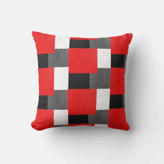 Red Grey Black and White Geometric Block Pattern Cushion (Front)